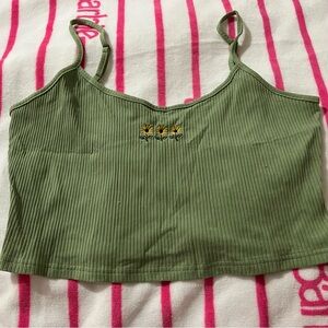 Green Rib-Knit Cropped Cami Top with Embroidered Sunflowers - NWOT